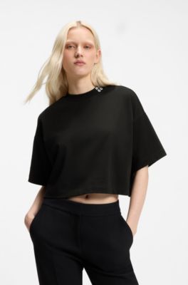 Relaxed-fit cropped T-shirt in cotton with neck logo, Black