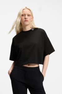 Relaxed-fit cropped T-shirt in cotton with neck logo, Black