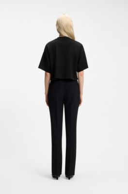 Relaxed-fit cropped T-shirt in cotton with neck logo, Black