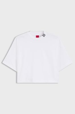 Relaxed-fit cropped T-shirt in cotton with neck logo, White