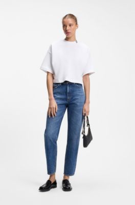 Relaxed-fit cropped T-shirt in cotton with neck logo, White