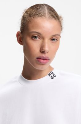 T-shirt corta relaxed fit in cotone con logo sul collo, Bianco