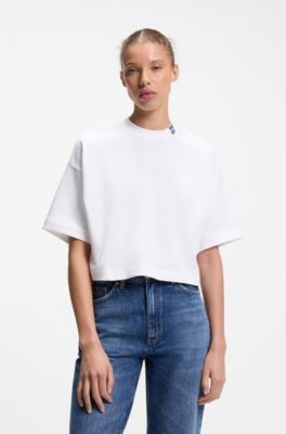 Relaxed-fit cropped T-shirt in cotton with neck logo, White
