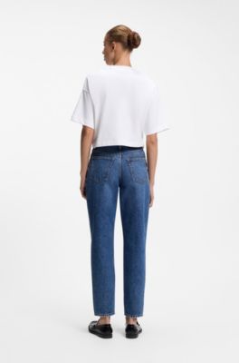 Relaxed-fit cropped T-shirt in cotton with neck logo, White