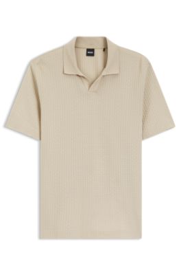 Johnny-collar polo shirt in jacquard cotton, Light Beige
