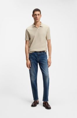 Johnny-collar polo shirt in jacquard cotton, Light Beige