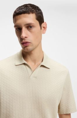 Johnny-collar polo shirt in jacquard cotton, Light Beige