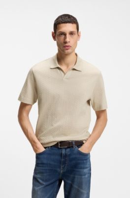 Johnny-collar polo shirt in jacquard cotton, Light Beige