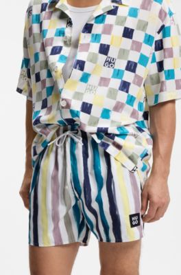 Stripe-print swim shorts in quick-dry fabric, Patterned