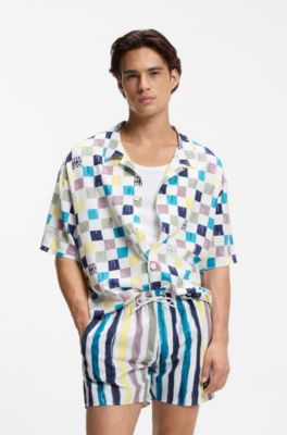 Stripe-print swim shorts in quick-dry fabric, Patterned