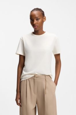 T-shirt van katoenen jersey met geschreven logostiksel, Naturel