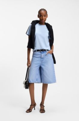 T-shirt in jersey di cotone con logo scritto a mano ricamato, Celeste