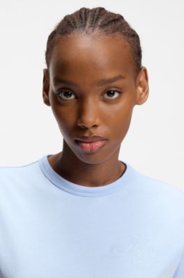 Cotton-jersey T-shirt with embroidered script logo, Light Blue