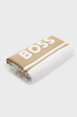Strandlaken met logo en franjes van katoenen jacquard, Wit / Beige