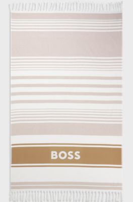 Fringed logo beach towel in cotton jacquard, White / Beige