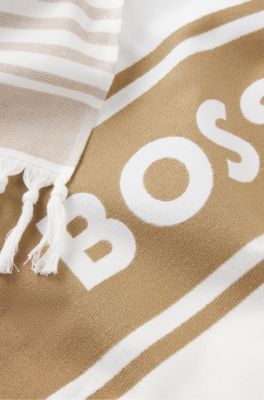 Fringed logo beach towel in cotton jacquard, White / Beige