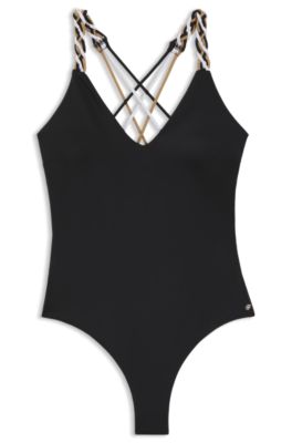 Swimsuit with signature-stripe braided straps, Black
