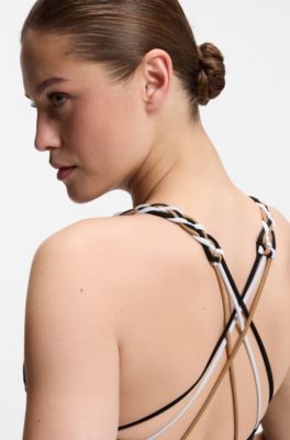 Swimsuit with signature-stripe braided straps, Black