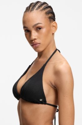Top de bikini en jacquard avec breloque logo empil&eacute;, Noir
