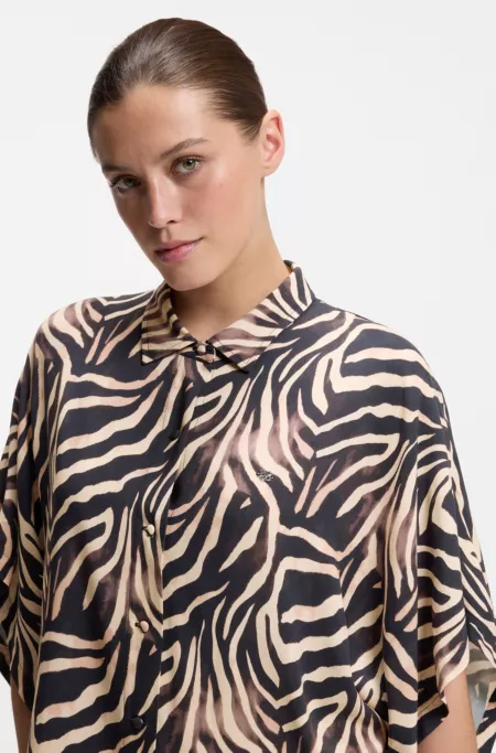 Vestido playero estampado con ribete de logo apilado