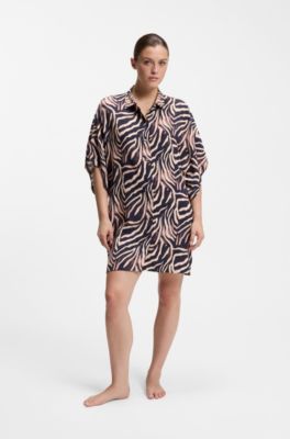 Printed beach dress with stacked-logo trim, Patterned