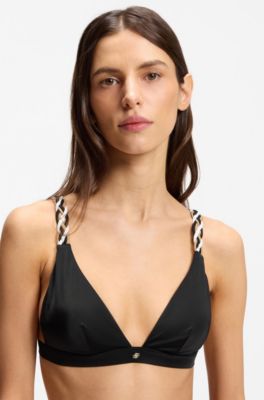 Bikinitop met gevlochten, kenmerkend gestreepte bandjes, Zwart