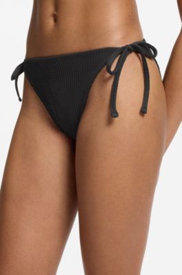Tie-side bikini bottoms with structured tropical pattern, Black
