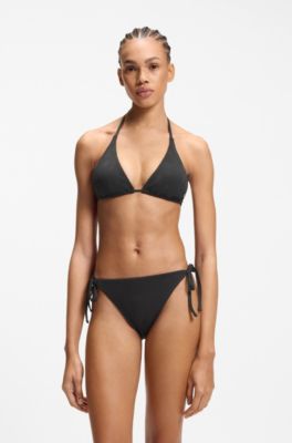 Tie-side bikini bottoms with structured tropical pattern, Black