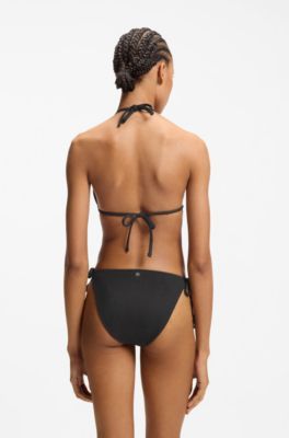 Tie-side bikini bottoms with structured tropical pattern, Black