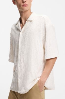 Relaxed-fit shirt in jacquard cotton towelling, Natural