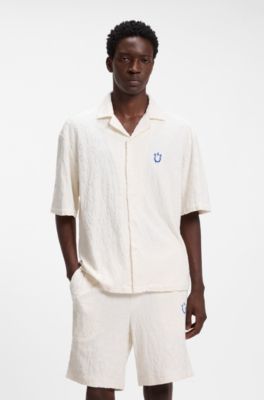 Relaxed-fit shirt in jacquard cotton towelling, Natural