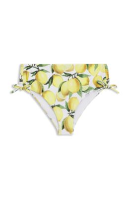 Printed bikini bottoms with stacked-logo charm, Yellow Patterned