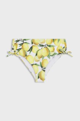 Printed bikini bottoms with stacked-logo charm, Yellow Patterned