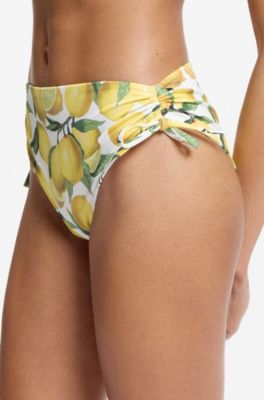 Printed bikini bottoms with stacked-logo charm, Yellow Patterned