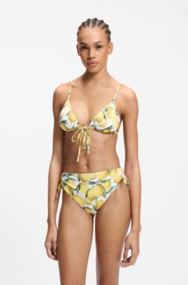 Printed bikini bottoms with stacked-logo charm, Yellow Patterned