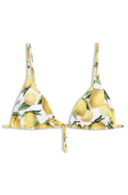 Printed triangle bikini top with stacked-logo charm, Yellow Patterned