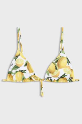 Printed triangle bikini top with stacked-logo charm, Yellow Patterned