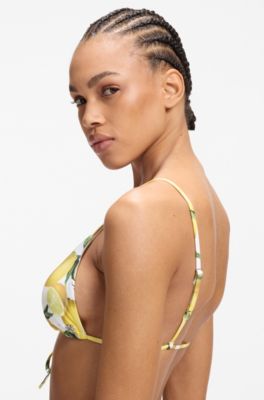Printed triangle bikini top with stacked-logo charm, Yellow Patterned