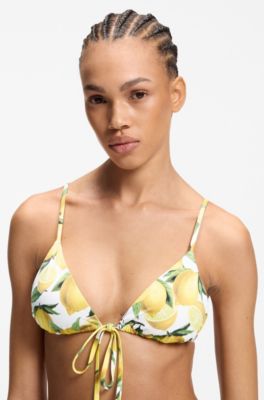 Printed triangle bikini top with stacked-logo charm, Yellow Patterned