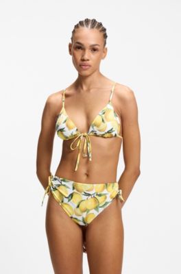 Printed triangle bikini top with stacked-logo charm, Yellow Patterned