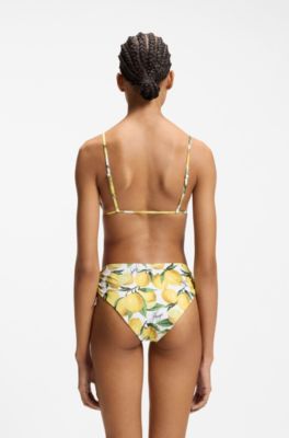 Printed triangle bikini top with stacked-logo charm, Yellow Patterned