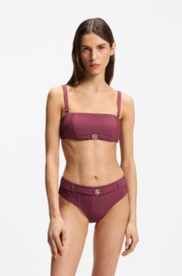 Pliss&eacute; bandeau bikini top with Double B monogram, Dark Red