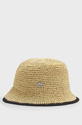 Raffia bucket hat with stacked logo, Beige