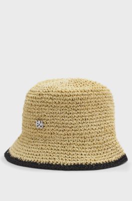 Raffia bucket hat with stacked logo, Beige