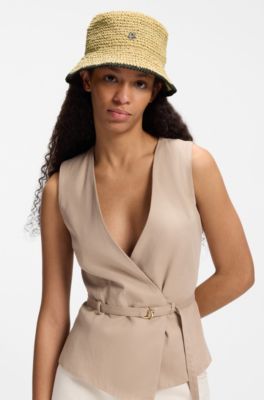 Raffia bucket hat with stacked logo, Beige