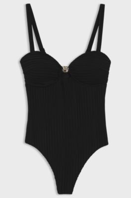 Pleated-fabric swimsuit with metallic Double B monogram, Black