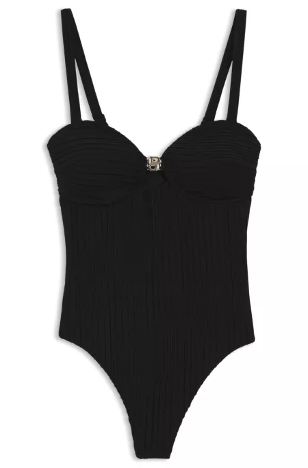 Pleated-fabric swimsuit with metallic Double B monogram