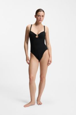 Pleated-fabric swimsuit with metallic Double B monogram, Black