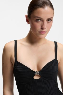 Pleated-fabric swimsuit with metallic Double B monogram, Black