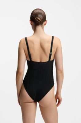 Pleated-fabric swimsuit with metallic Double B monogram, Black